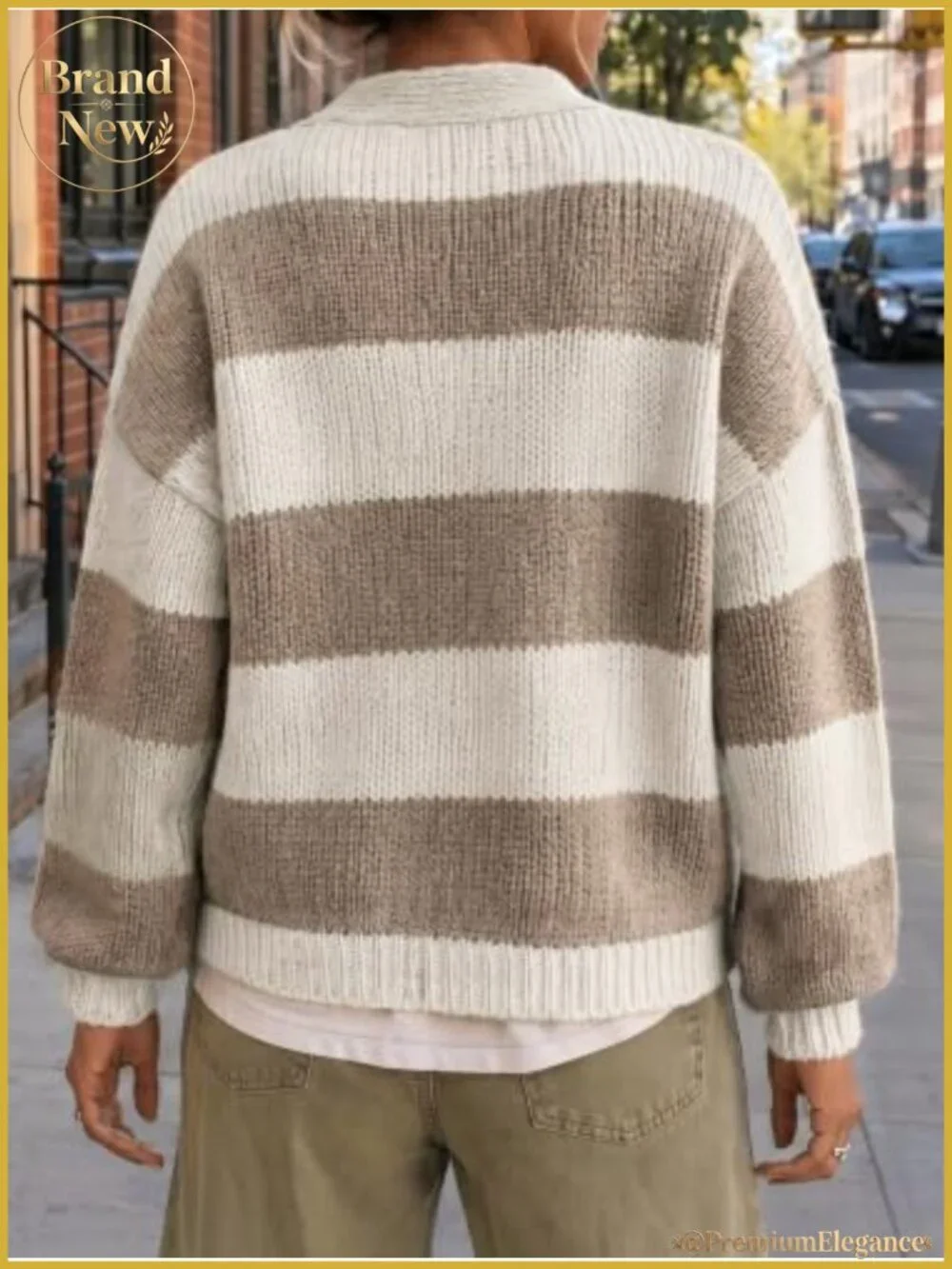 Striped Open Front Cardigan Sweater V Neck Batwing Sleeve Knit